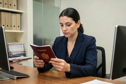 Employée administrative inspectant un passeport nouvellement émis dans un bureau gouvernemental