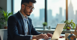 Professionnel confiant travaillant sur un ordinateur dans un bureau moderne