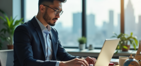 Professionnel confiant travaillant sur un ordinateur dans un bureau moderne