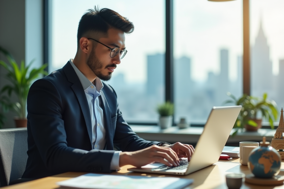 Professionnel confiant travaillant sur un ordinateur dans un bureau moderne