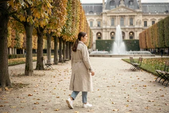 Femme se promenant dans l'allée de marronniers des Jardins des Tuileries à Paris en automne