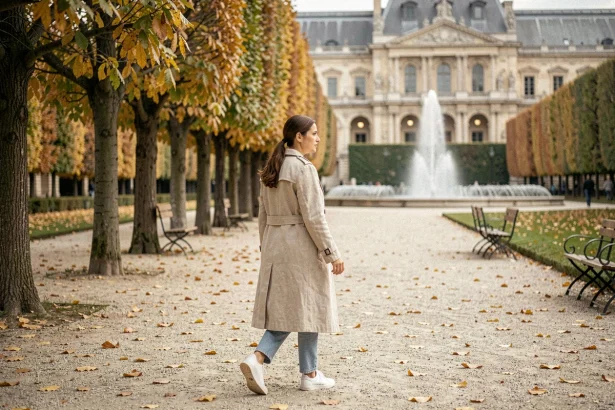 Femme se promenant dans l'allée de marronniers des Jardins des Tuileries à Paris en automne