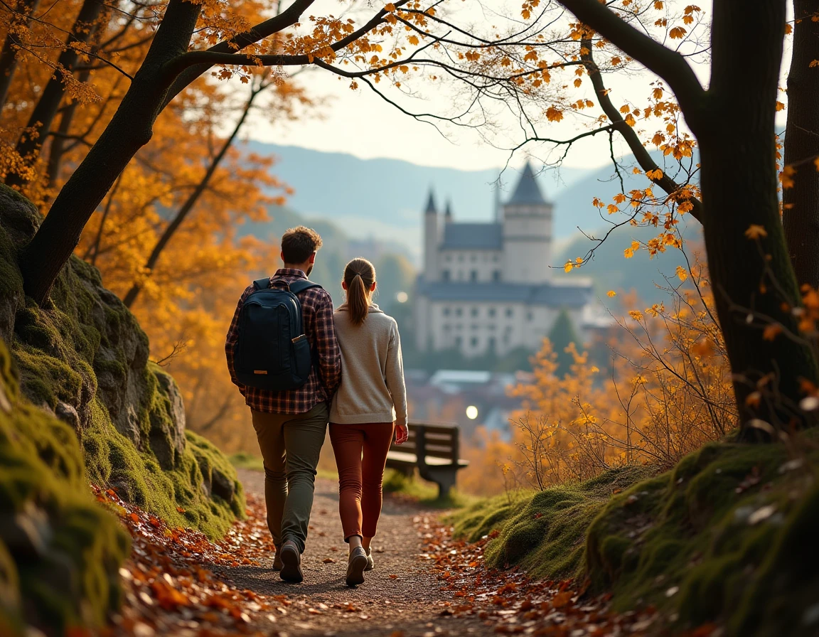 Couple observant la vue sur Heidelberg depuis la Philosophenweg entouré de feuillages d'automne