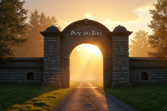 Entrée du Puy du Fou au lever du soleil avec signalisation