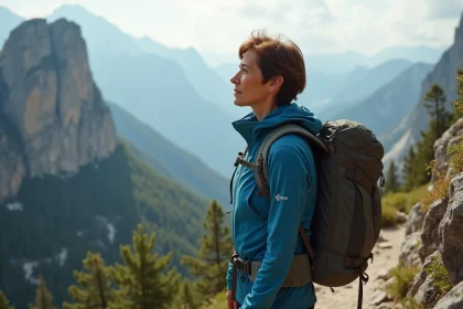 Femme randonneuse en montagne corse avec paysage escarpé