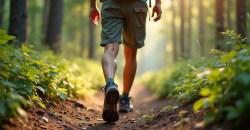 Jeune randonneur en shorts sur sentier en forêt ensoleillée