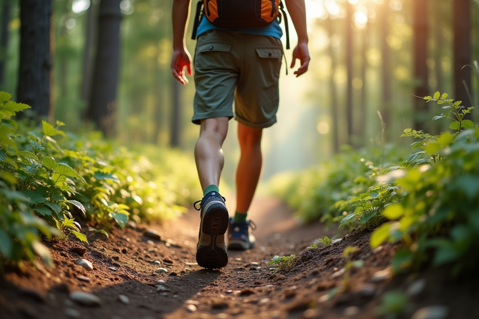 Jeune randonneur en shorts sur sentier en forêt ensoleillée