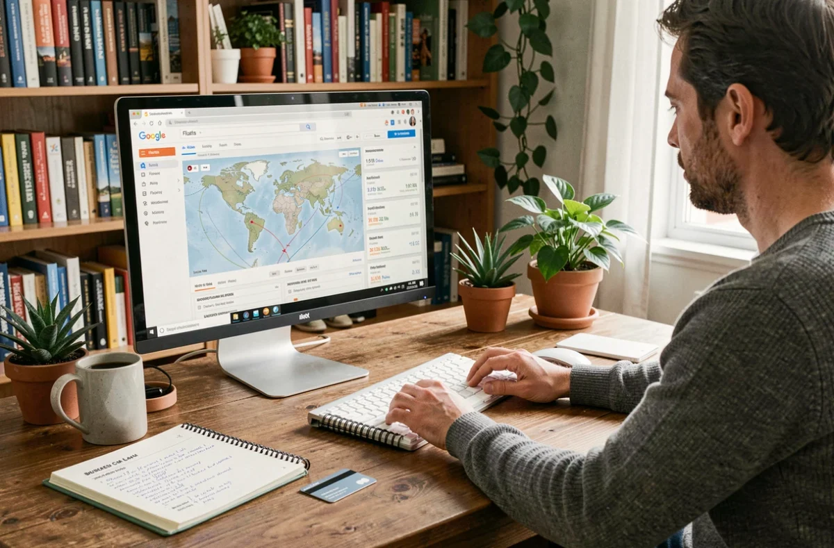 Personne recherchant des vols en classe affaires moins chers sur Google Flights depuis un bureau à domicile