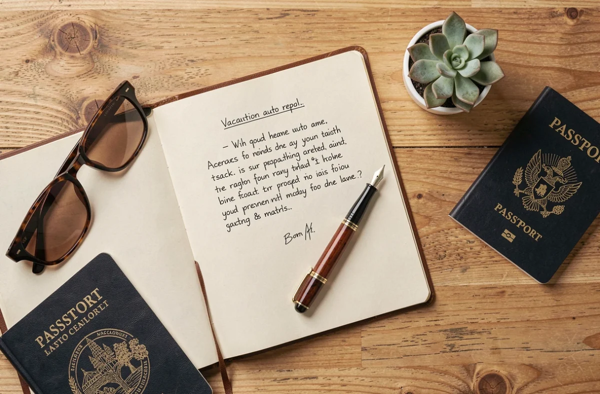 Flat lay d'un bureau avec carnet de rédaction de message d'absence vacances, passeport, lunettes de soleil et stylo plume