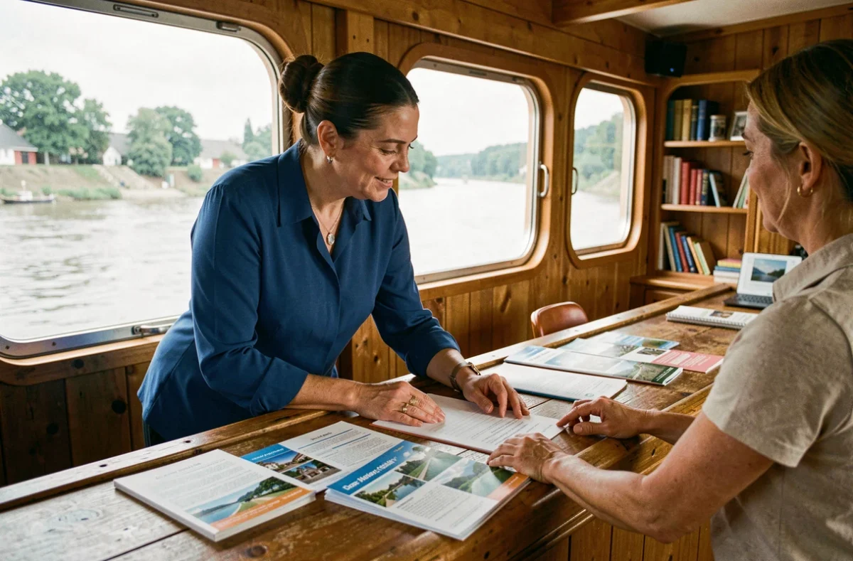 Agent de voyage aidant un client à réserver une croisière fluviale à bord d'une péniche touristique