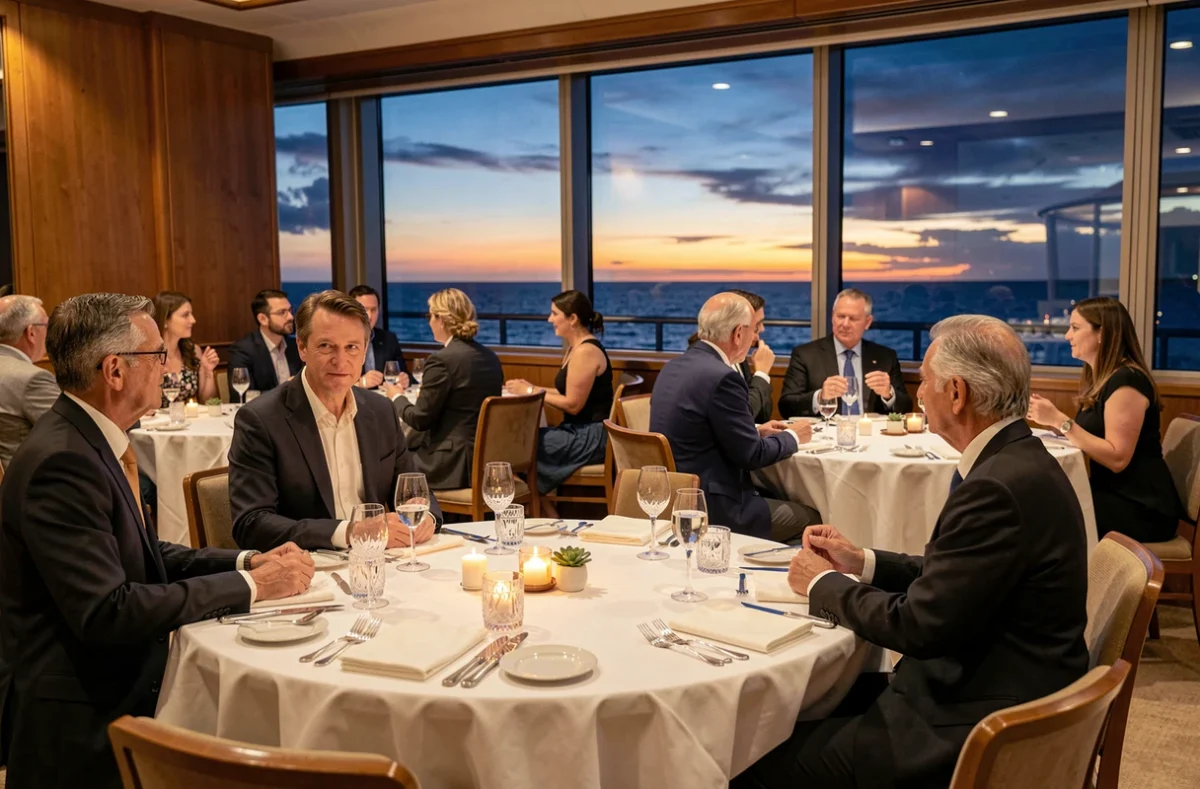 Salle de restaurant élégante d'un paquebot de croisière avec passagers attablés et vue panoramique sur l'océan au crépuscule