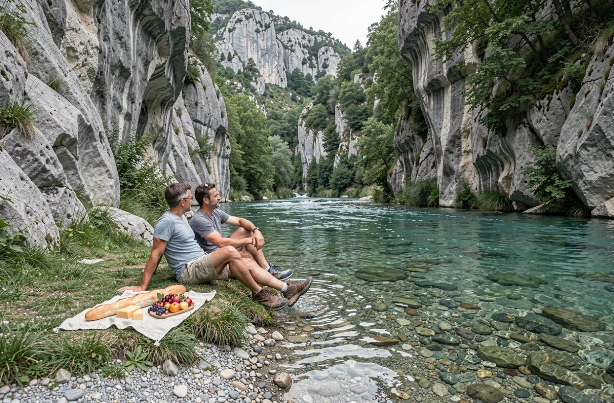Couple pique-niquant au bord d'une rivière turquoise dans une gorge secrète du sud de la France en été