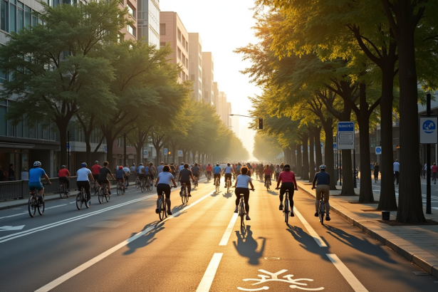 Rue urbaine animée avec pistes cyclables et cyclistes