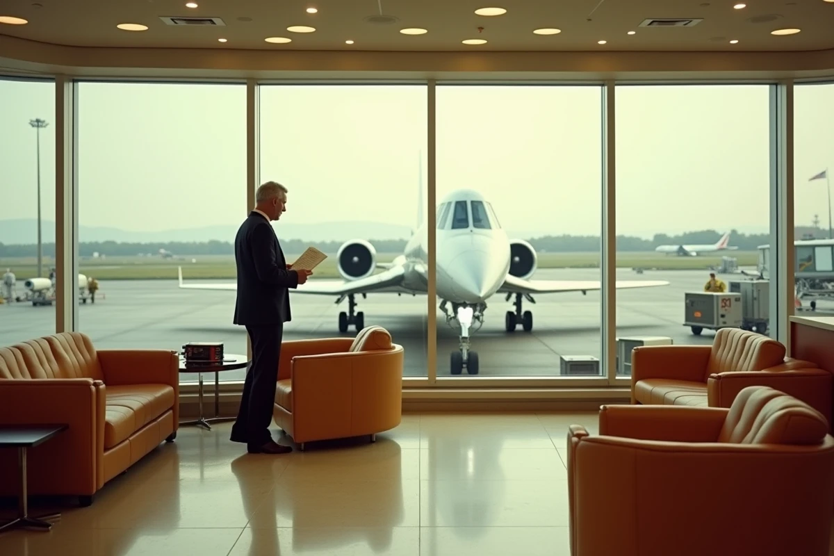 Salon de départ rétro des années 70 dans un aéroport parisien avec vue sur un Concorde stationné à la porte d'embarquement