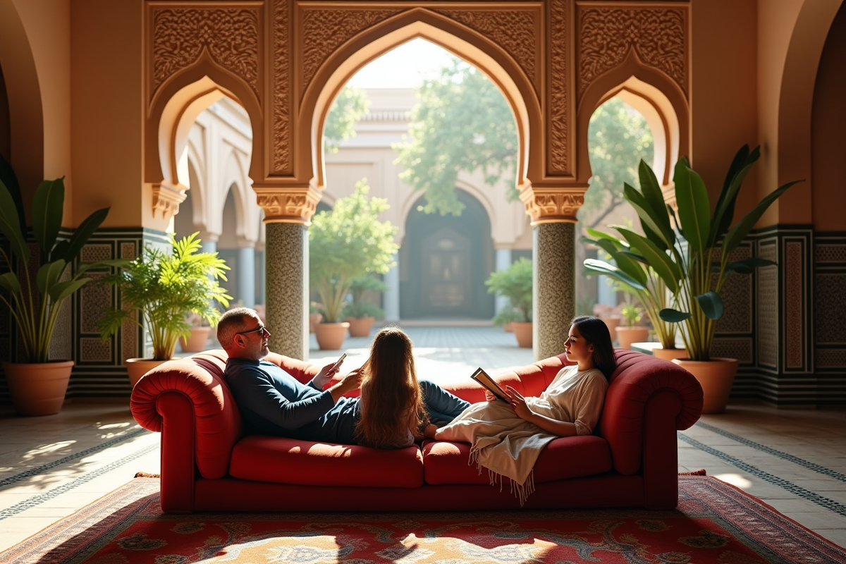 Salon marocain lumineux avec famille lisant sur canapé