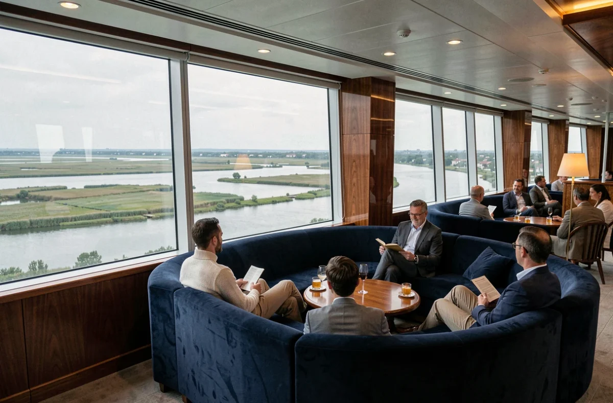 Salon panoramique d'un navire de croisière avec vue sur l'estuaire de la Loire près de Nantes