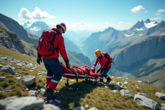 Secouriste montagne en action avec un blessé en montagne