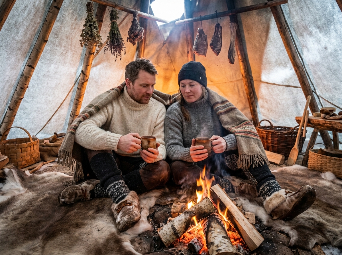 Couple se réchauffant autour du feu dans un lavvu traditionnel sami avec des pelleteries en renne en Laponie norvégienne