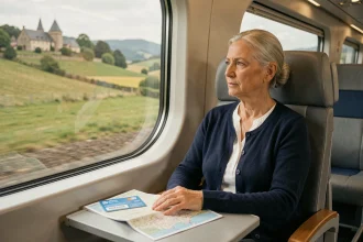 Senior femme regardant le paysage européen par la fenêtre du train avec son pass Eurail posé sur la tablette