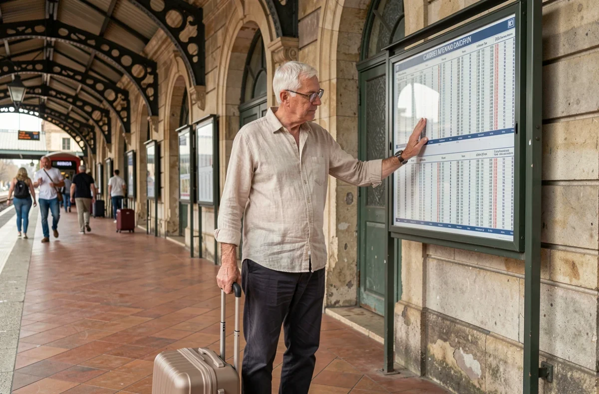 Homme senior consultant le tableau des horaires dans une grande gare européenne avec sa valise à roulettes