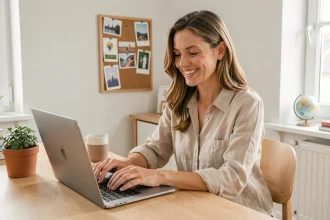 Femme souriante rédigeant un message de signature d'email de vacances sur son ordinateur portable dans un bureau scandinave moderne