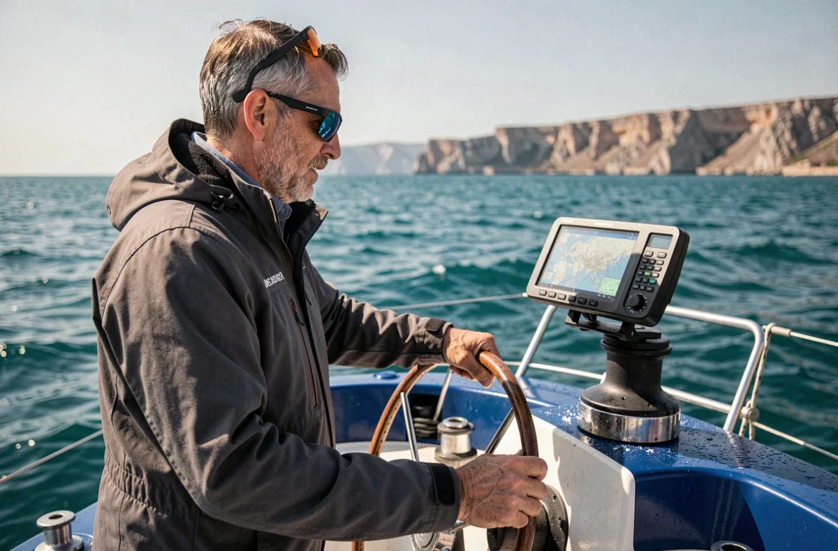 Skipper à la barre d'un voilier en navigation sur la mer Méditerranée lors d'une croisière