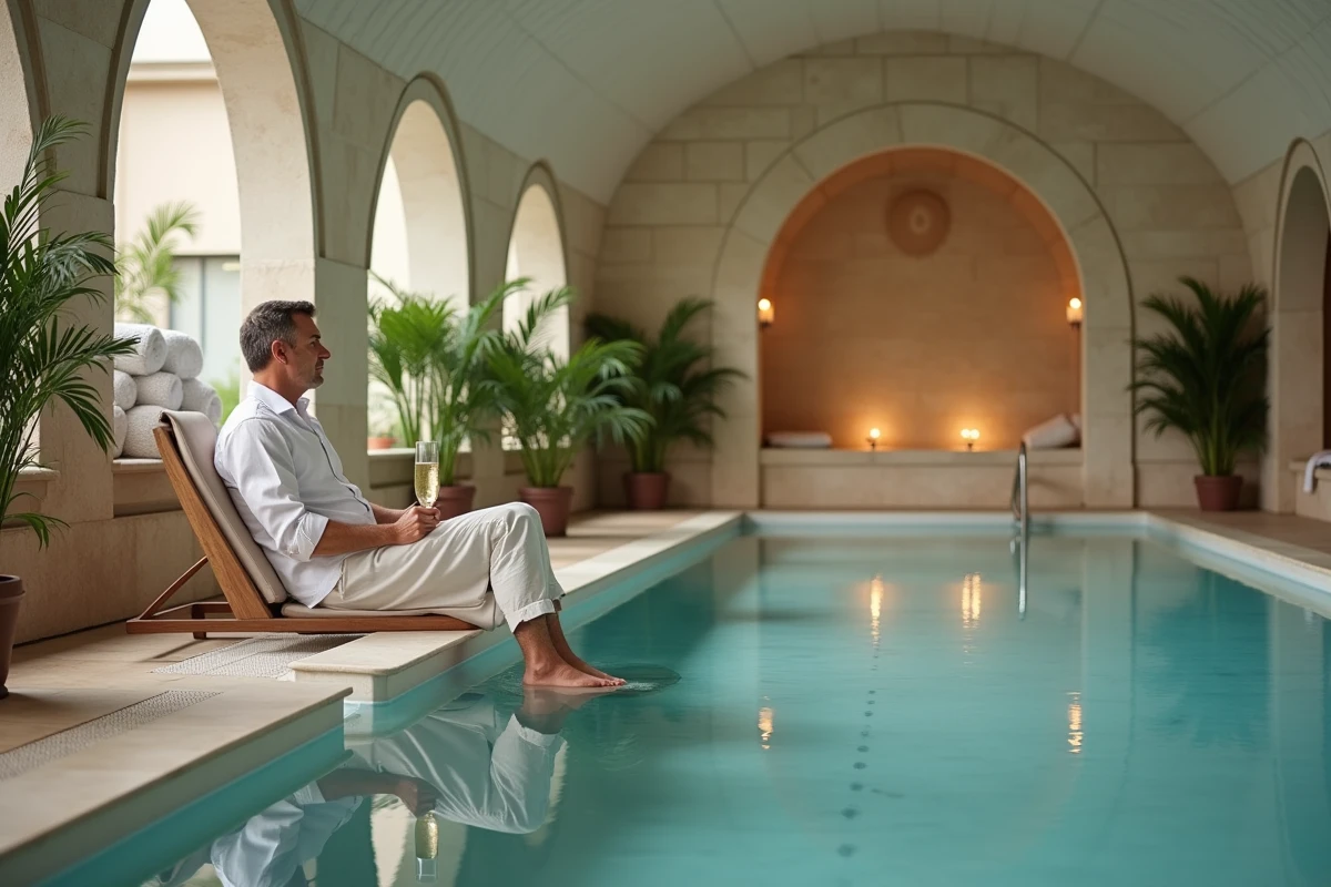 Piscine intérieure et spa d'un hôtel 5 étoiles à Strasbourg avec voûtes en pierre et ambiance zen