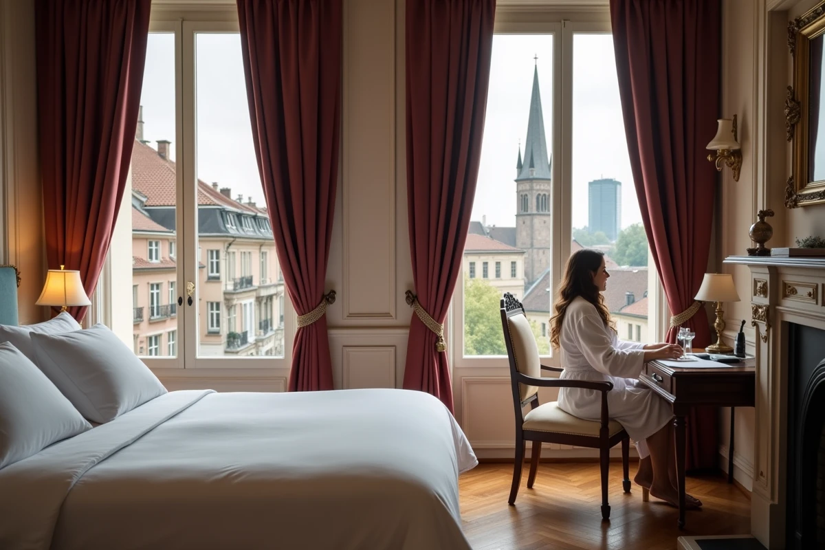 Suite luxueuse d'un hôtel 5 étoiles à Strasbourg avec vue sur la cathédrale et décoration raffinée