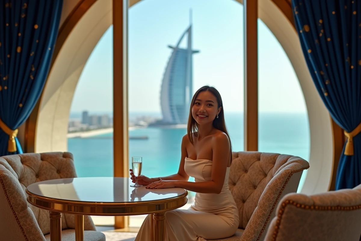 Femme en robe de soirée dans la suite royale luxueuse du Burdž Al Arab avec vue panoramique sur Dubaï