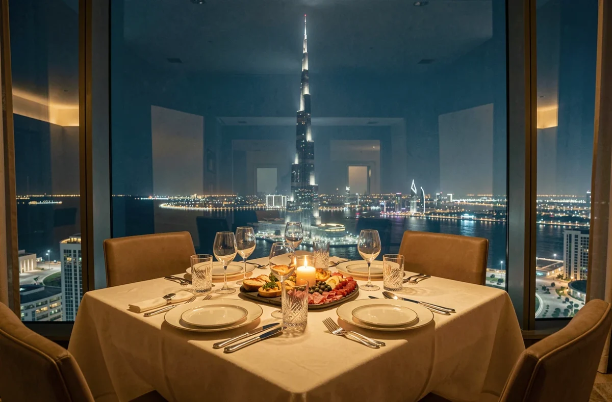 Table de dîner gastronomique dressée avec vue nocturne sur le Burj Khalifa illuminé à Dubaï