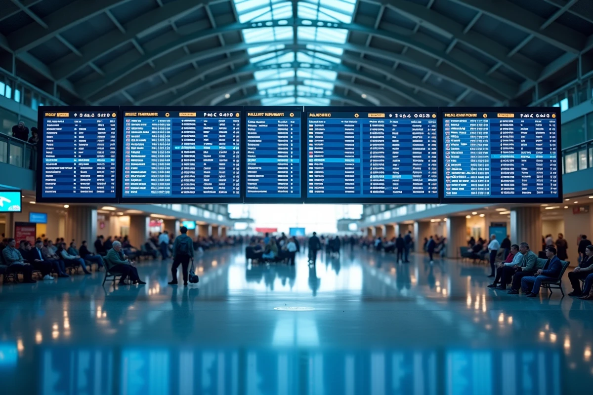 Tableau des départs dans un terminal d'aéroport international de New York avec destinations et numéros de gates