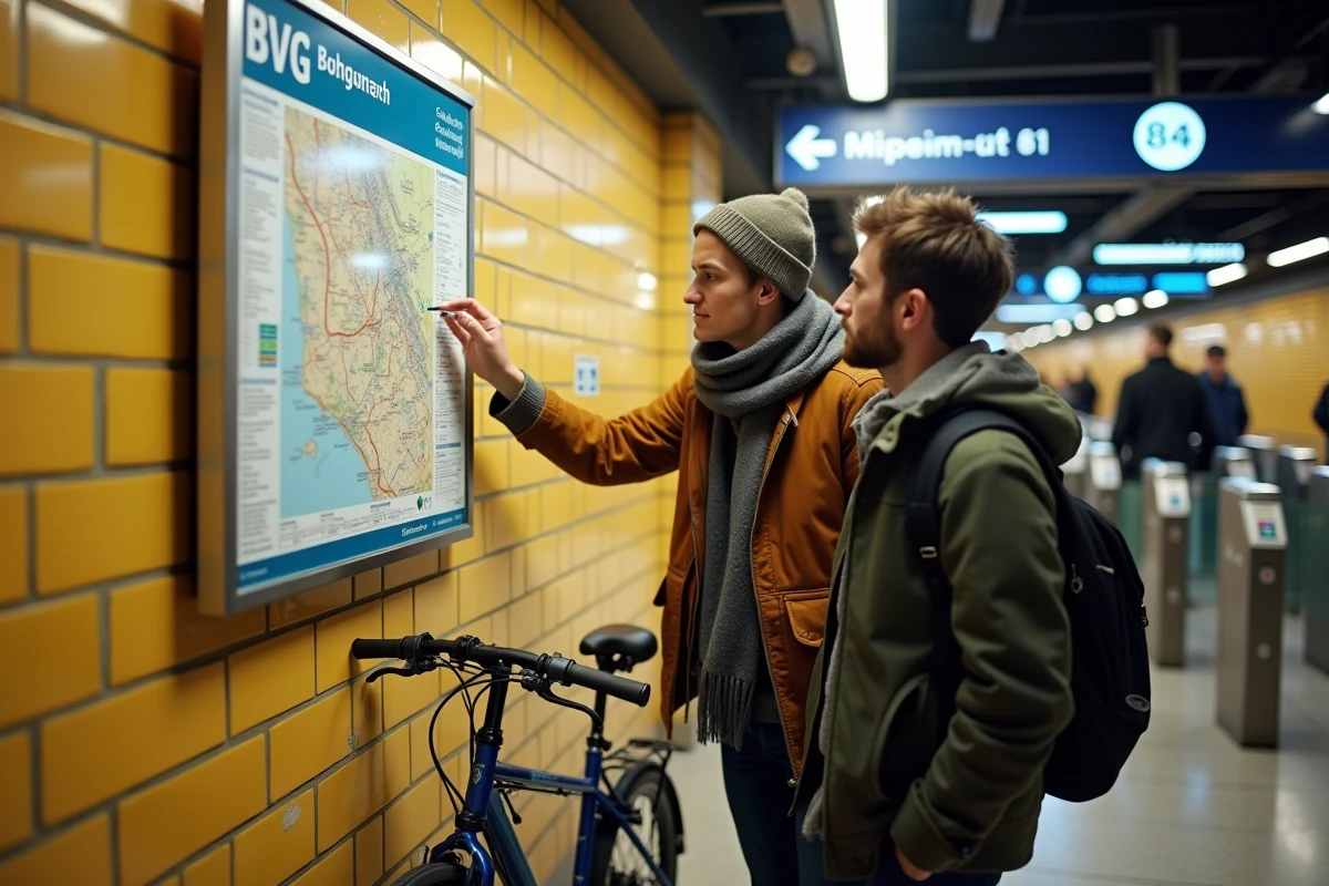 Couple examinant le tarif vélo affiché dans une station de métro U-Bahn à Berlin avec vélo pliant appuyé contre le mur