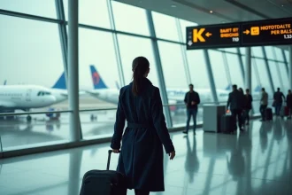Voyageuse avec valise dans un terminal d'aéroport de New York regardant les panneaux d'indication des gates