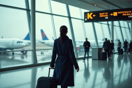 Voyageuse avec valise dans un terminal d'aéroport de New York regardant les panneaux d'indication des gates