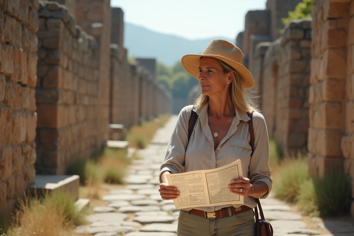 Touriste explorant les ruines archéologiques de Pompéi sur une rue pavée romaine