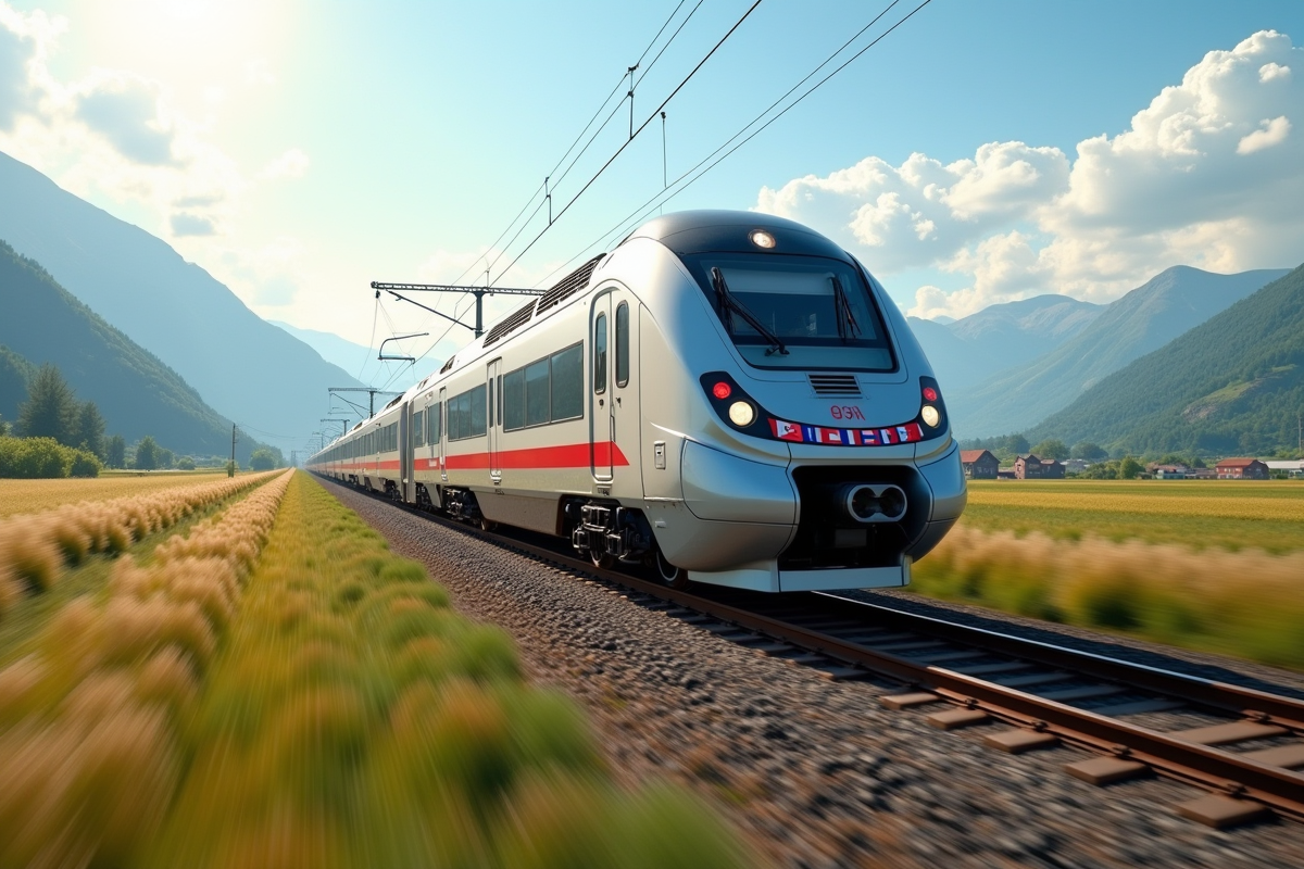Train européen moderne traversant un paysage de montagnes et champs