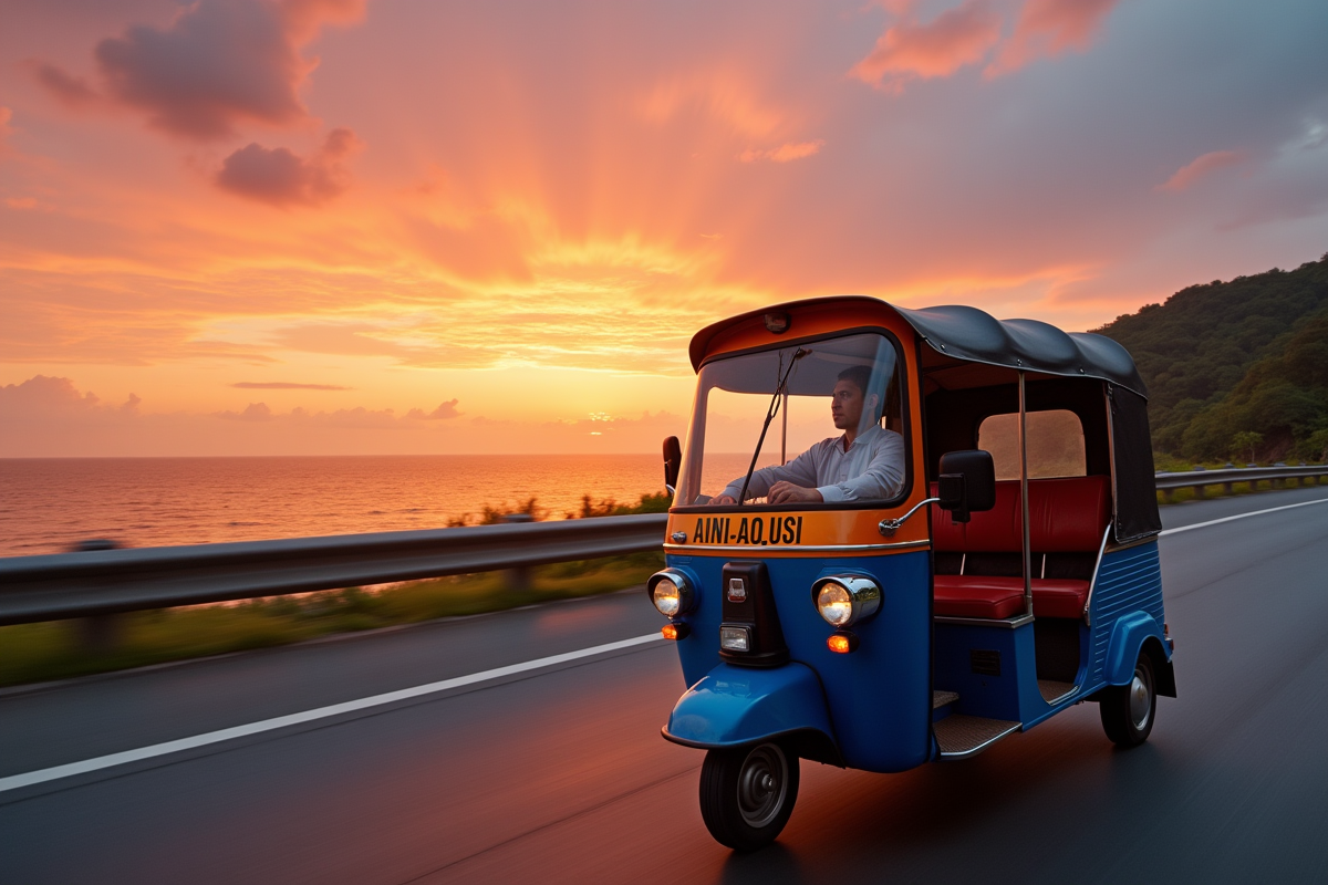Tuk tuk roulant au coucher du soleil sur la côte de Phuket
