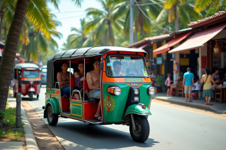 Tuk tuk coloré dans une rue animée de Phuket en Thaïlande