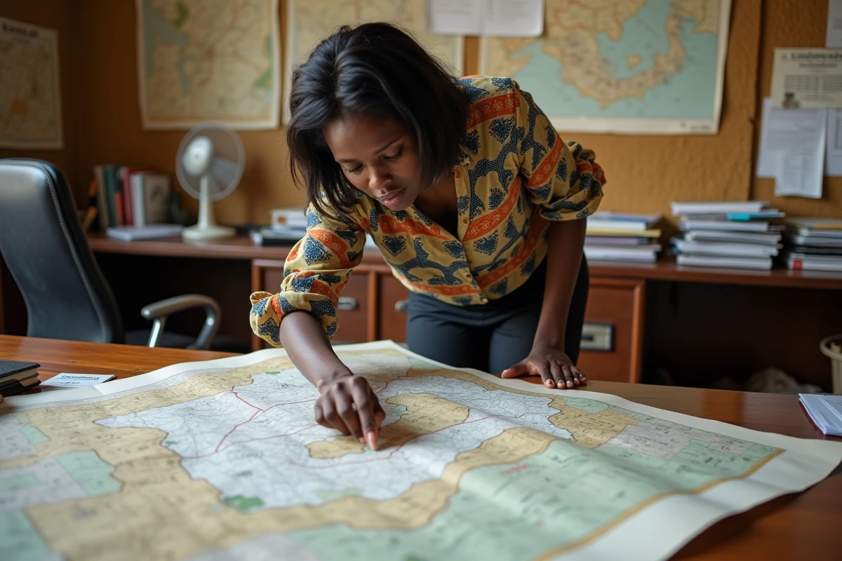 Urbaniste sénégalaise étudiant une carte géographique dans un bureau gouvernemental à Dakar