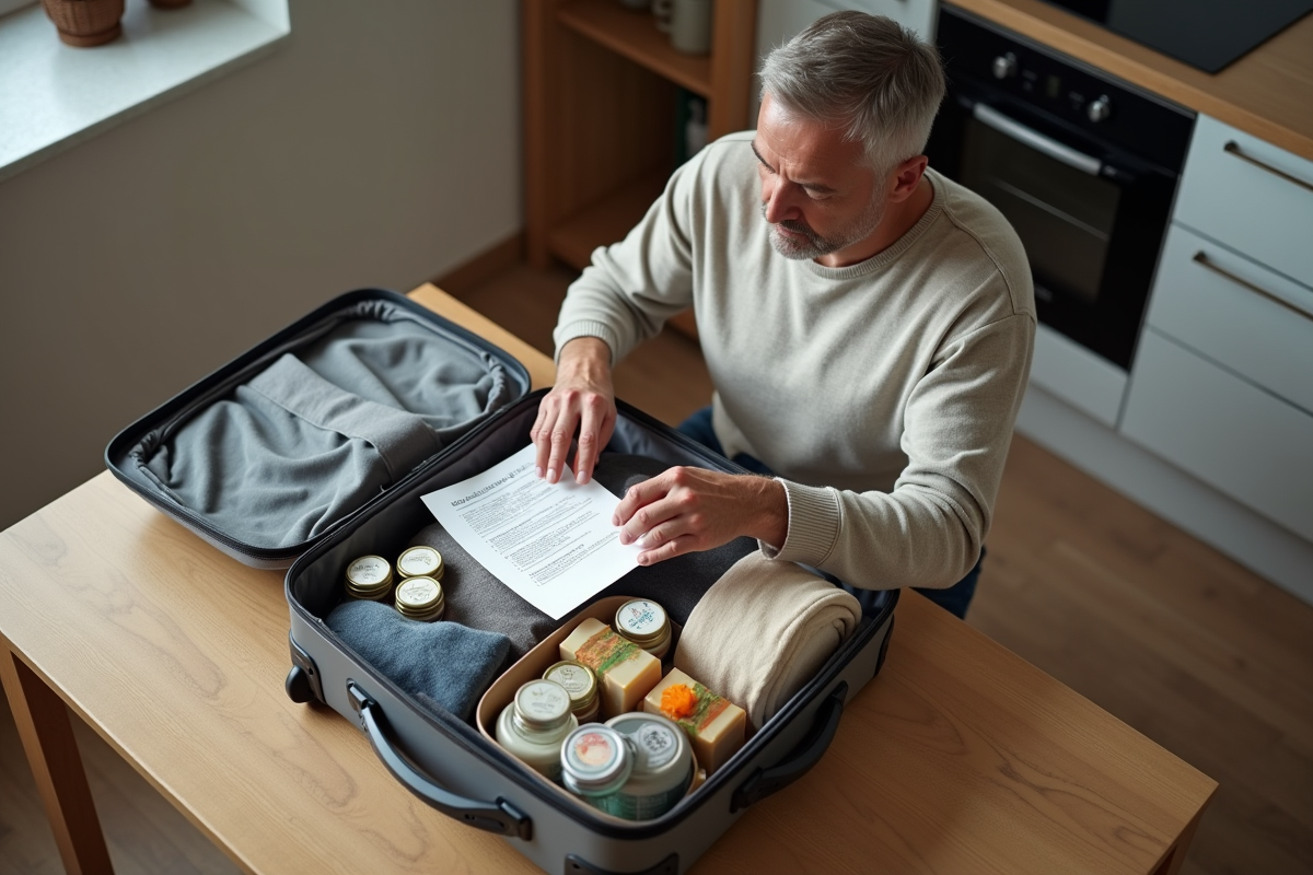 Valise ouverte avec aliments interdits et liste de règles