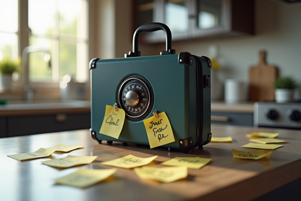 Valise verrouillée sur un plan de cuisine avec notes de codes
