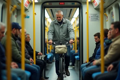 Homme guidant son vélo dans une rame de métro U-Bahn à Berlin, avec signalétique BVG visible et passagers en arrière-plan