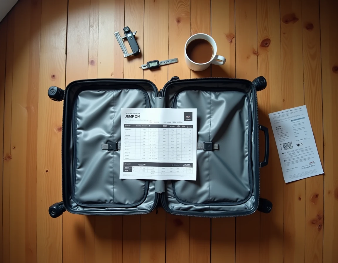 Vue du dessus d'une valise Jump cabine ouverte avec règle et tableau des dimensions IATA pour vérification avant voyage