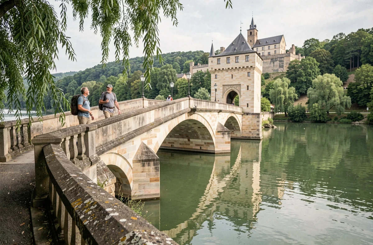 Le vieux pont de Heidelberg sur le Neckar avec le château en arrière-plan et des promeneurs en automne