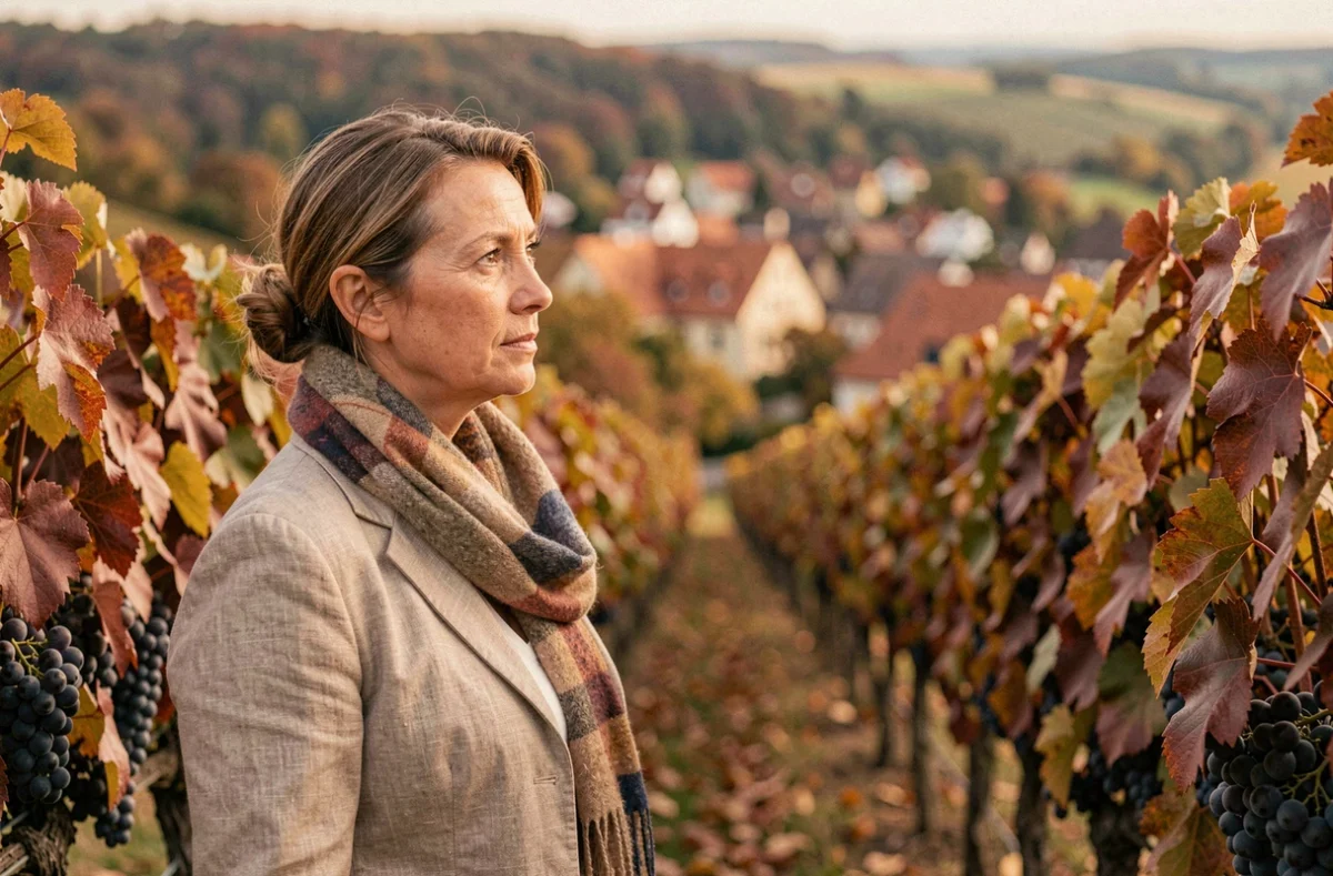 Femme dans les vignobles du Palatinat en Allemagne pendant la récolte des raisins en automne