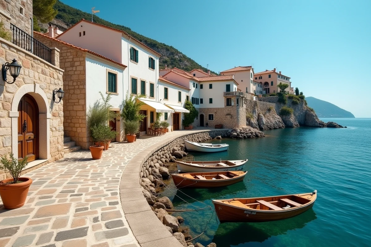 Village côtier méditerranéen avec maisons blanchies à la chaux, toits en tuiles et bateaux amarrés dans un port tranquille