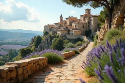 Village de Gordes perché sur un rocher en Provence avec des champs de lavande en contrebas