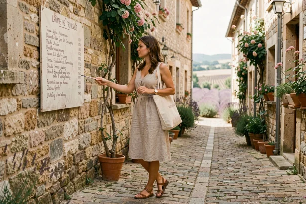 Jeune femme explorant un village médiéval français peu touristique en août, alternative aux destinations surchargées