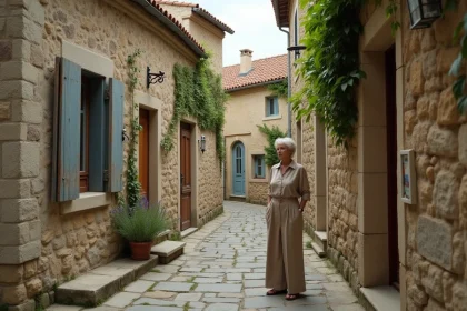 Ruelle médiévale secrète en Ardèche avec une femme découvrant un village pittoresque loin des foules touristiques