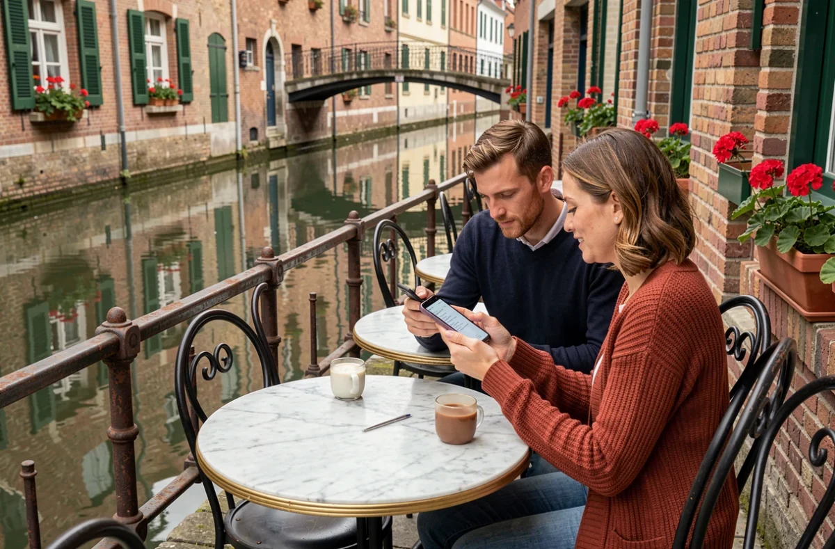 Couple planifiant leur voyage en Belgique avec un budget sur une terrasse de café au bord d'un canal flamand